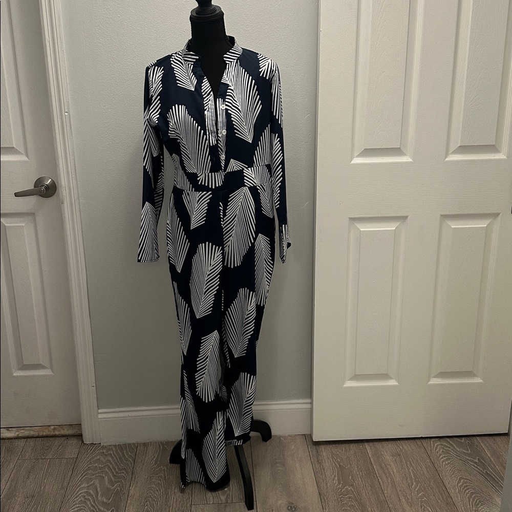 Navy and White Leaf Print Jumpsuit